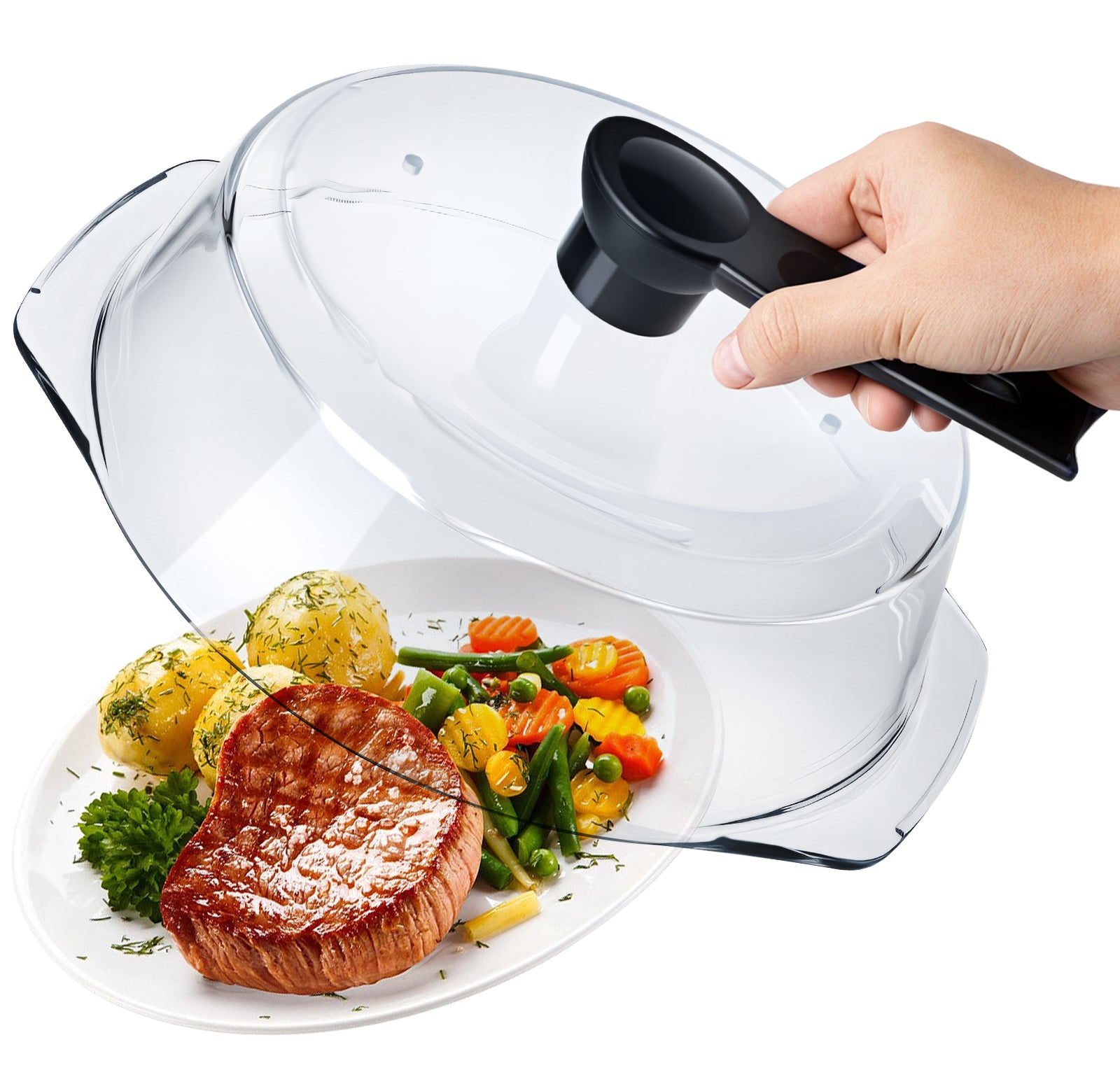 Glass Microwave Splatter Cover, Microwave Cover for Food with Standup Handle, Dishwasher Safe, Food Safe, Clear Microwave Plate Splatter Guard Lid with Vent Hole, House Essentials for Gift, 9.5inch