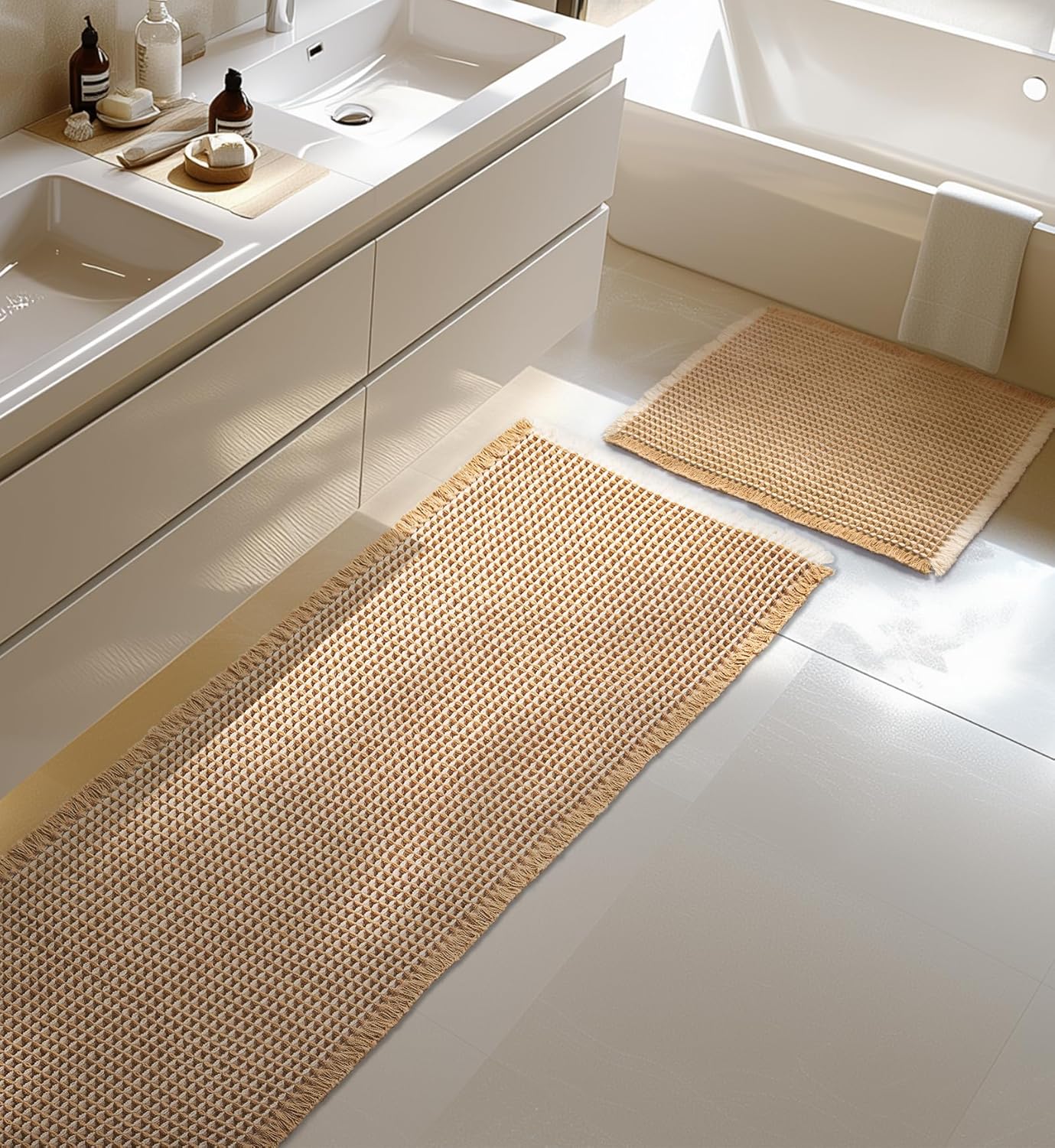 Large Waffle Bath Mat Set, Non Slip Bath Mat Set, Ultra Absorbent Bath Mats for Bathroom Decor, Extra Soft Floor Bathroom Rugs Sets 2 Piece, Washable Bath Rugs (20"×47" and 16"×24")