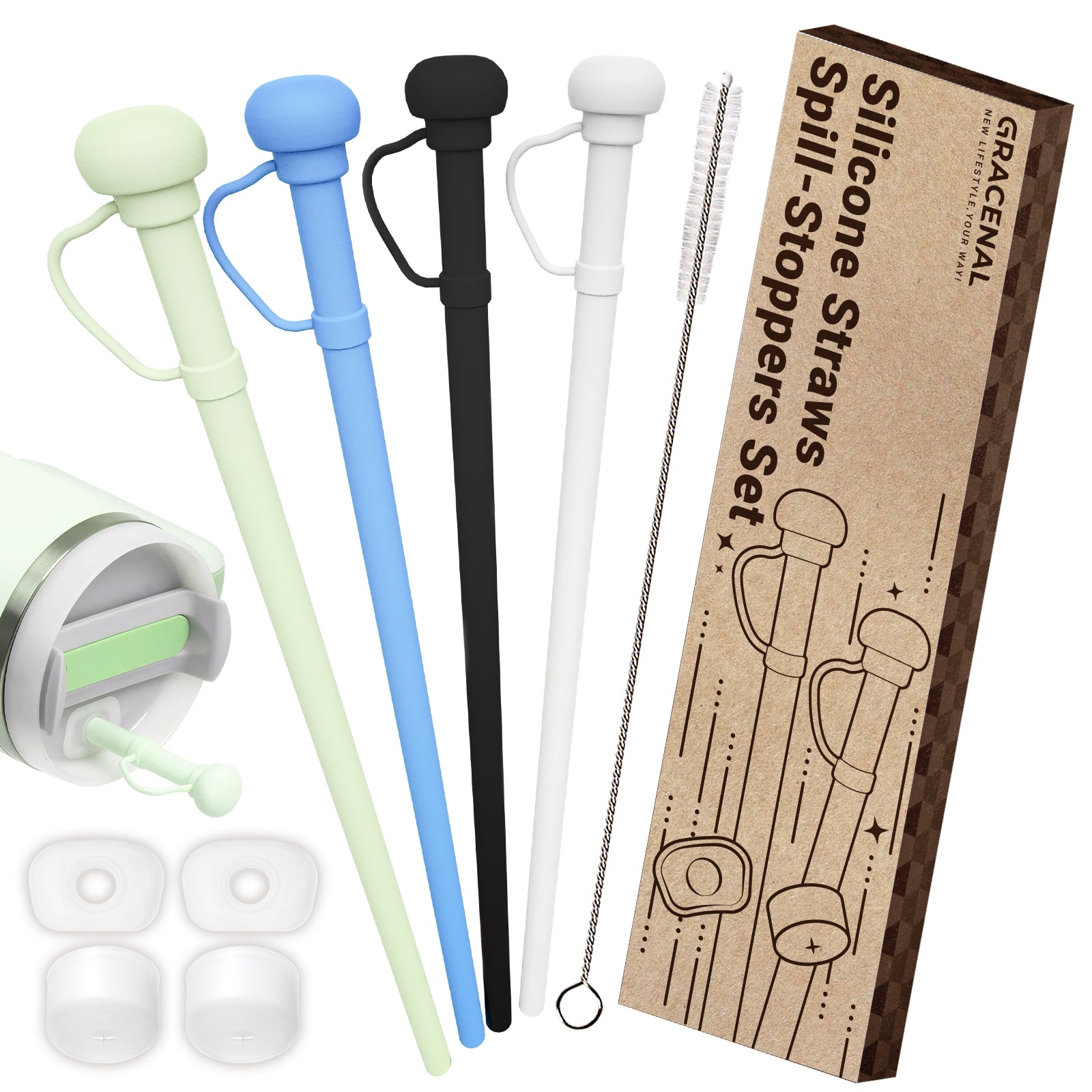 Reusable Silicone Straws with Spill Stoppers Set for Stanley Cup 40oz