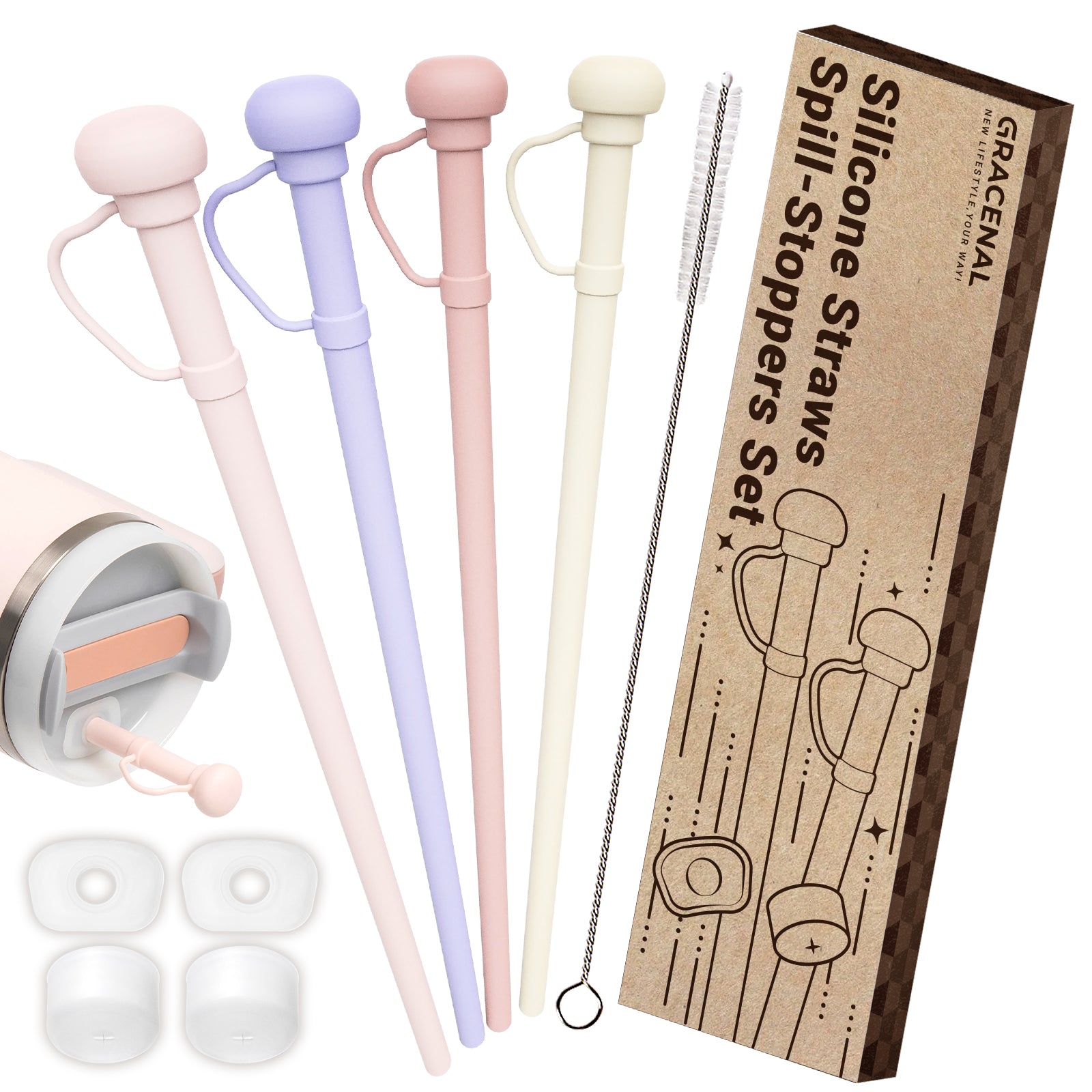 Reusable Silicone Straws with Spill Stoppers Set for Stanley Cup 40oz