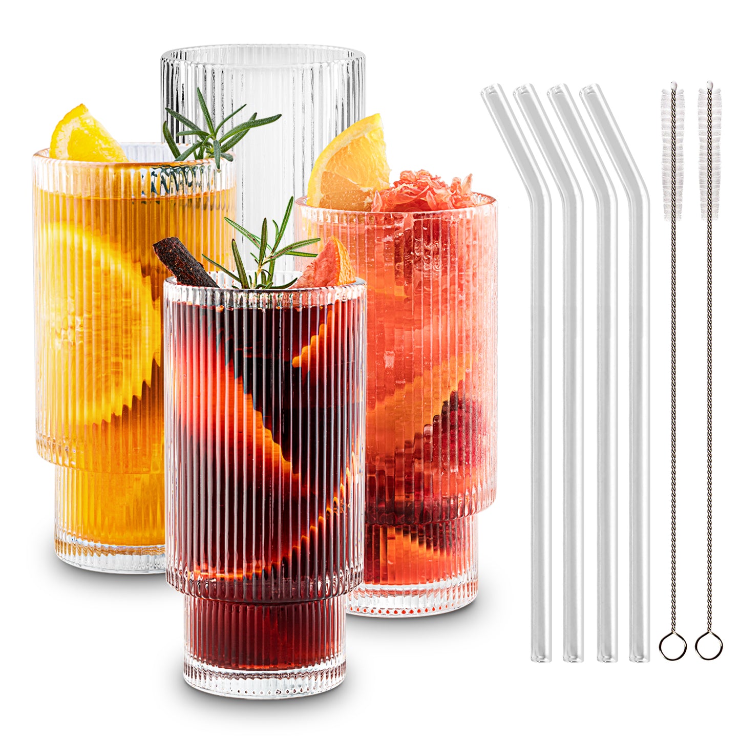 Gracenal 12oz Ribbed Glass Cups with Straws