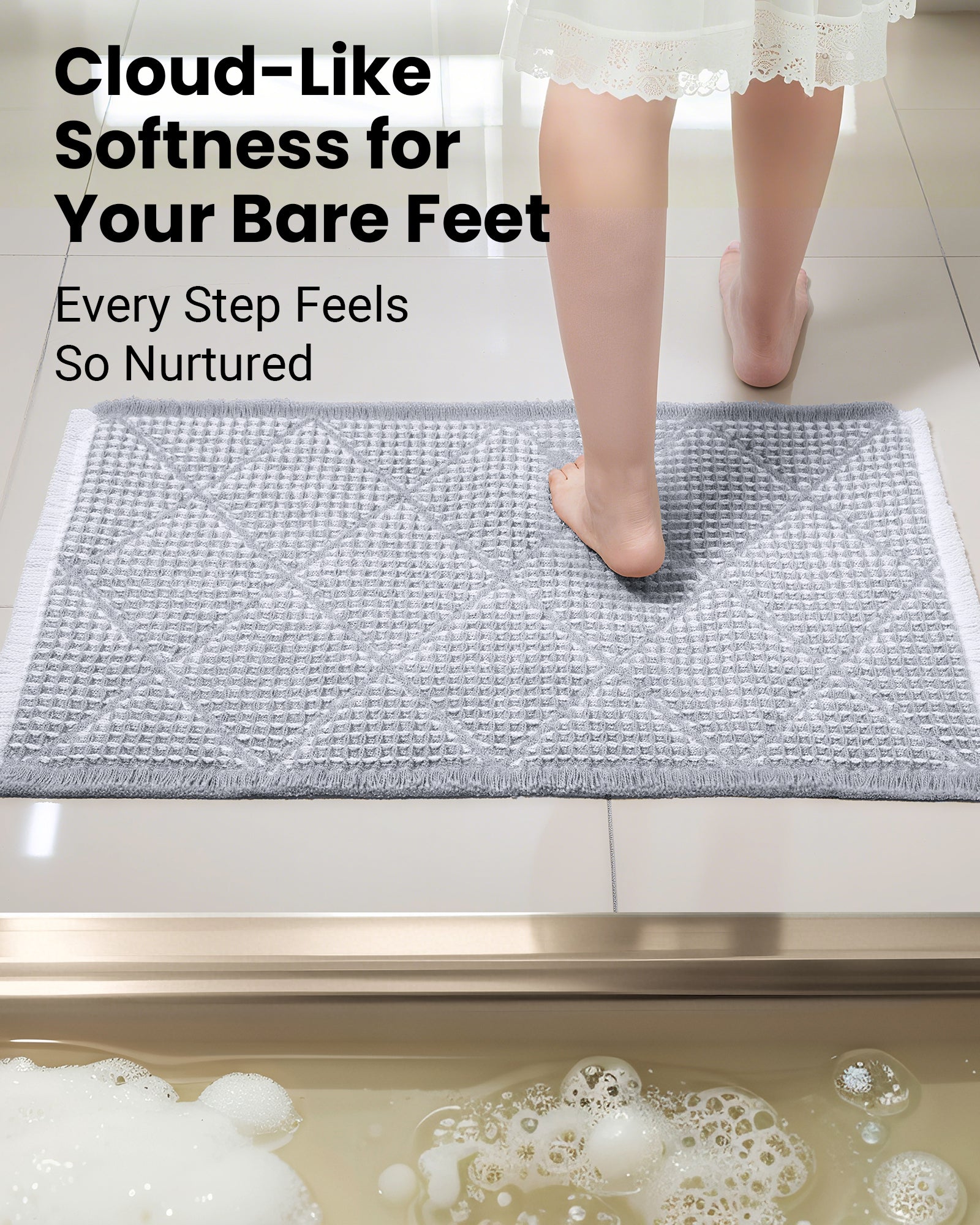 Waffle Bath Mat Set, Non Slip Bathroom Rugs Sets 2 Piece, Ultra Absorbent Long Bath Rug Runner for Bathroom Decor, Machine Washable Boho Mats, Grey & White, 20"×47" Plus 18"×30"