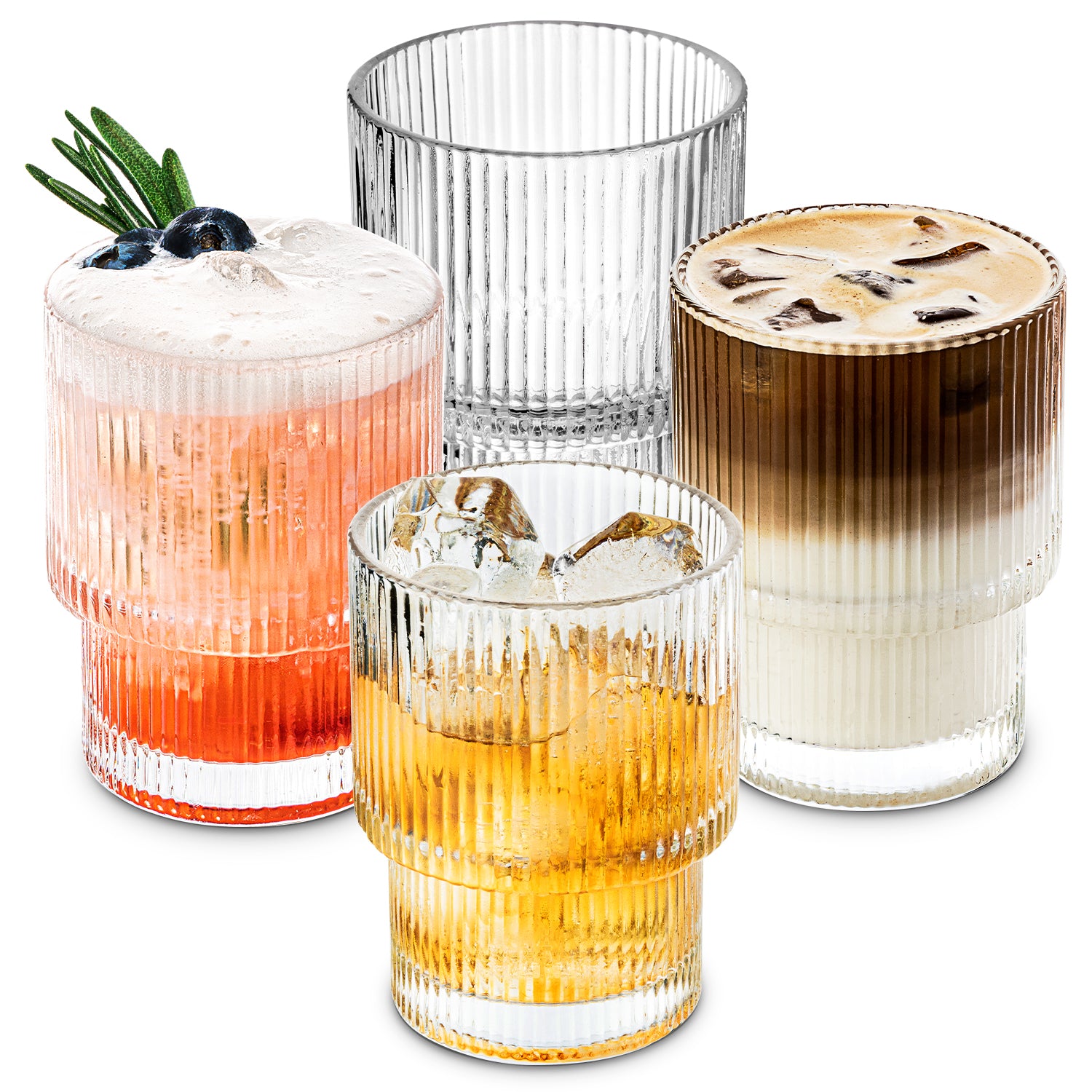 Ribbed Glassware Set of 4, 14oz Ribbed Glass Cups with Glass Straw, Ribbed  Juice Glass Fluted Glassware Ribbed Drinking Glasses for Margaritas Whiskey